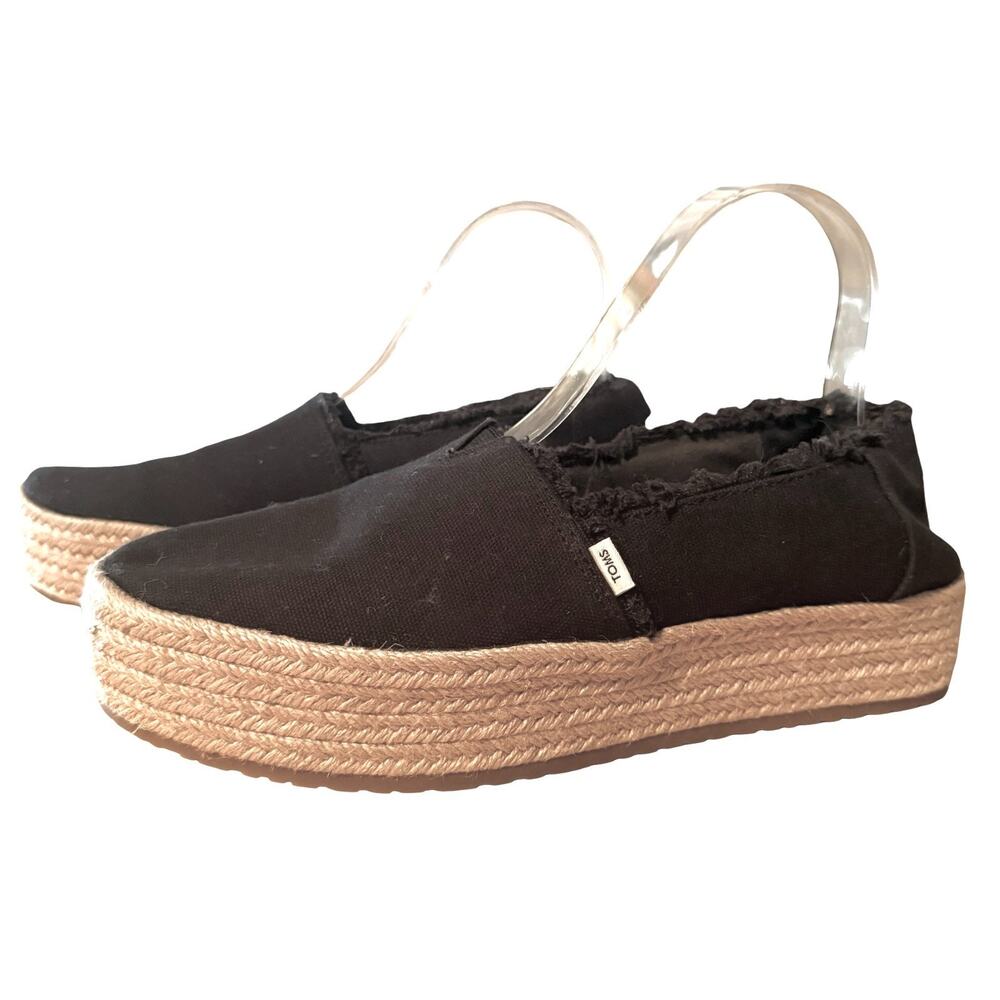 Toms Valencia Platform Espadrilles Black Canvas Slip On Loafers Shoes sz 9.5